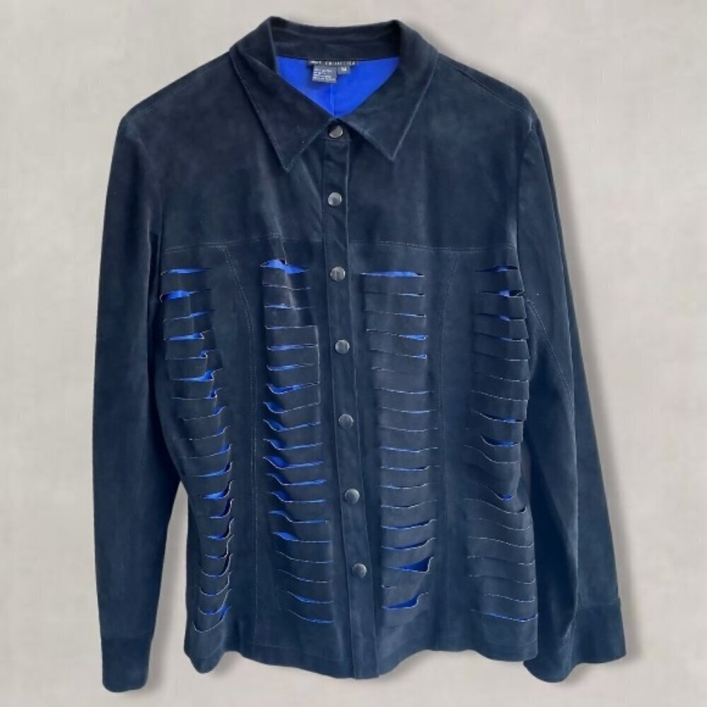 Vintage 90s Slashed Suede Cut-Out Jacket Black Cobalt Blue M